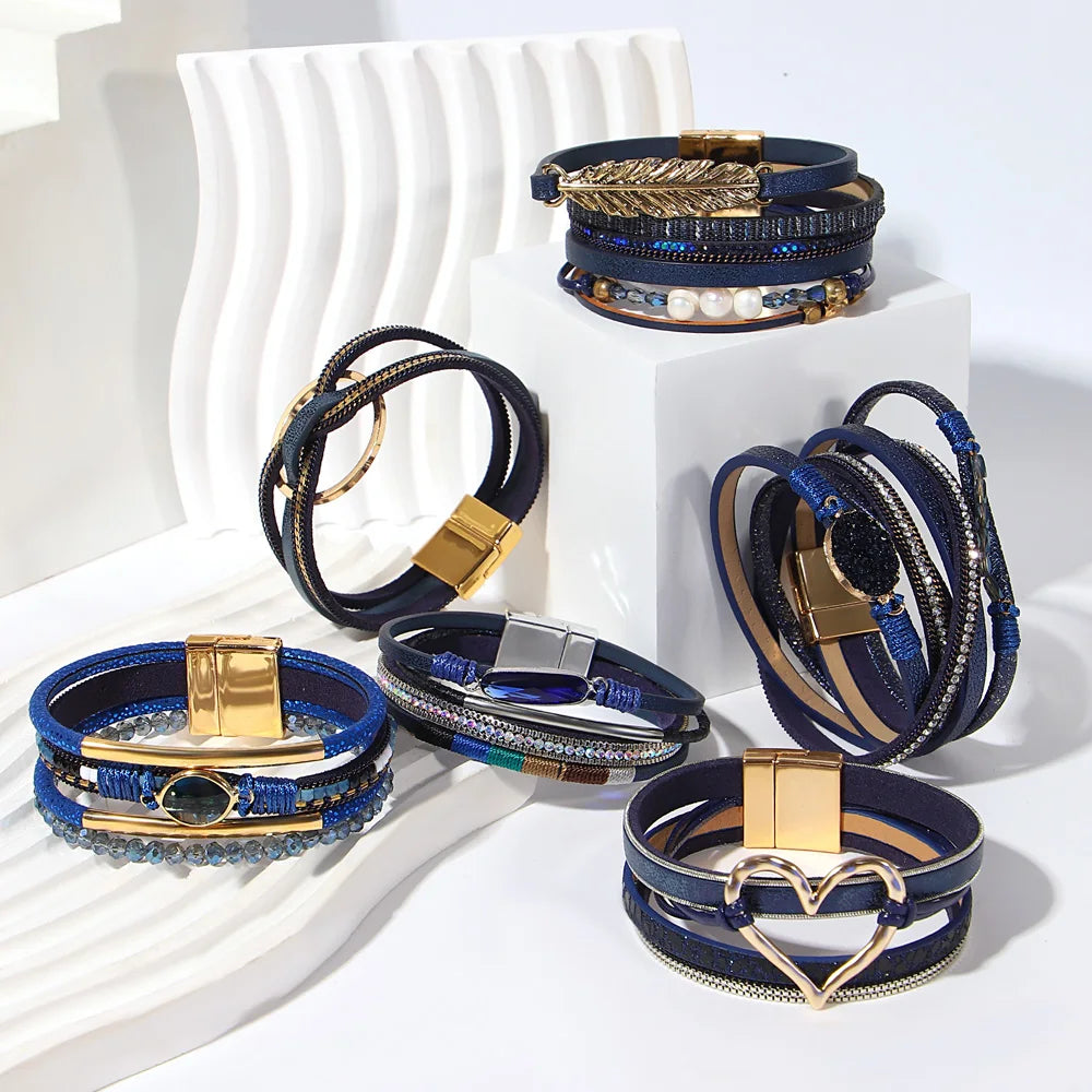 ALLYES Retro Blaue Lederarmbänder für Damen Herren Boho Charm Perle Kristall Herz Mehrschichtiges Wickelarmband & Armreif Schmuck Geschenke