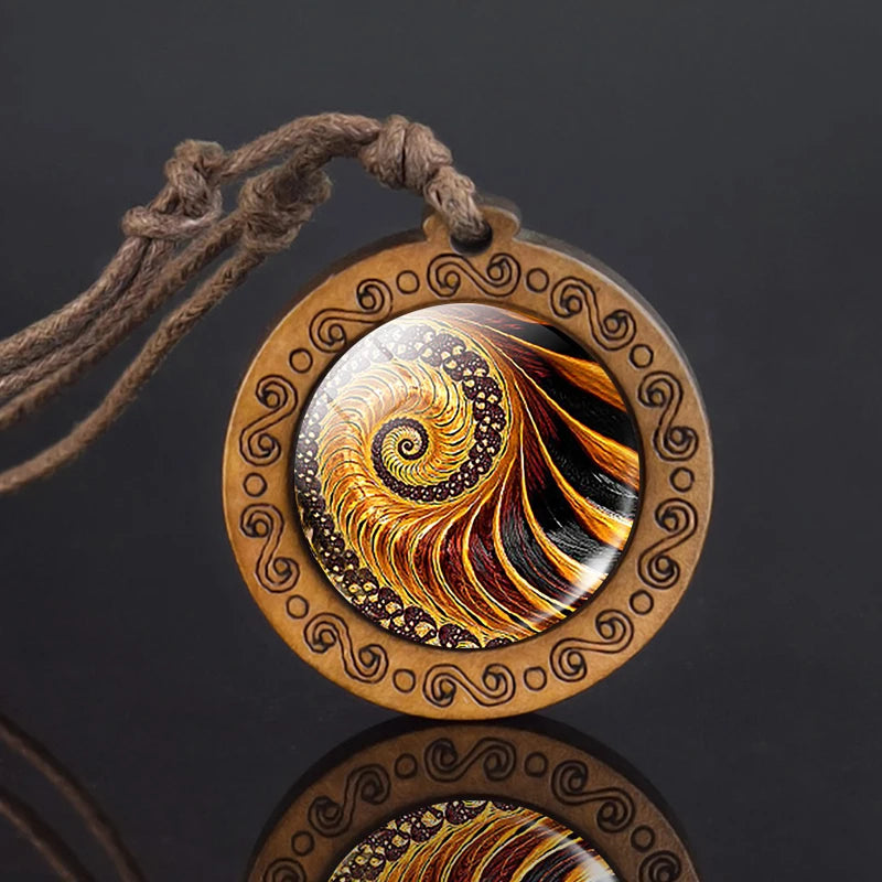 Mandala-Glas-Halskette, Retro-Kunst, Holzanhänger, buddhistische Heilige Geometrie, Schmuck, spirituelles Yoga-Geschenk