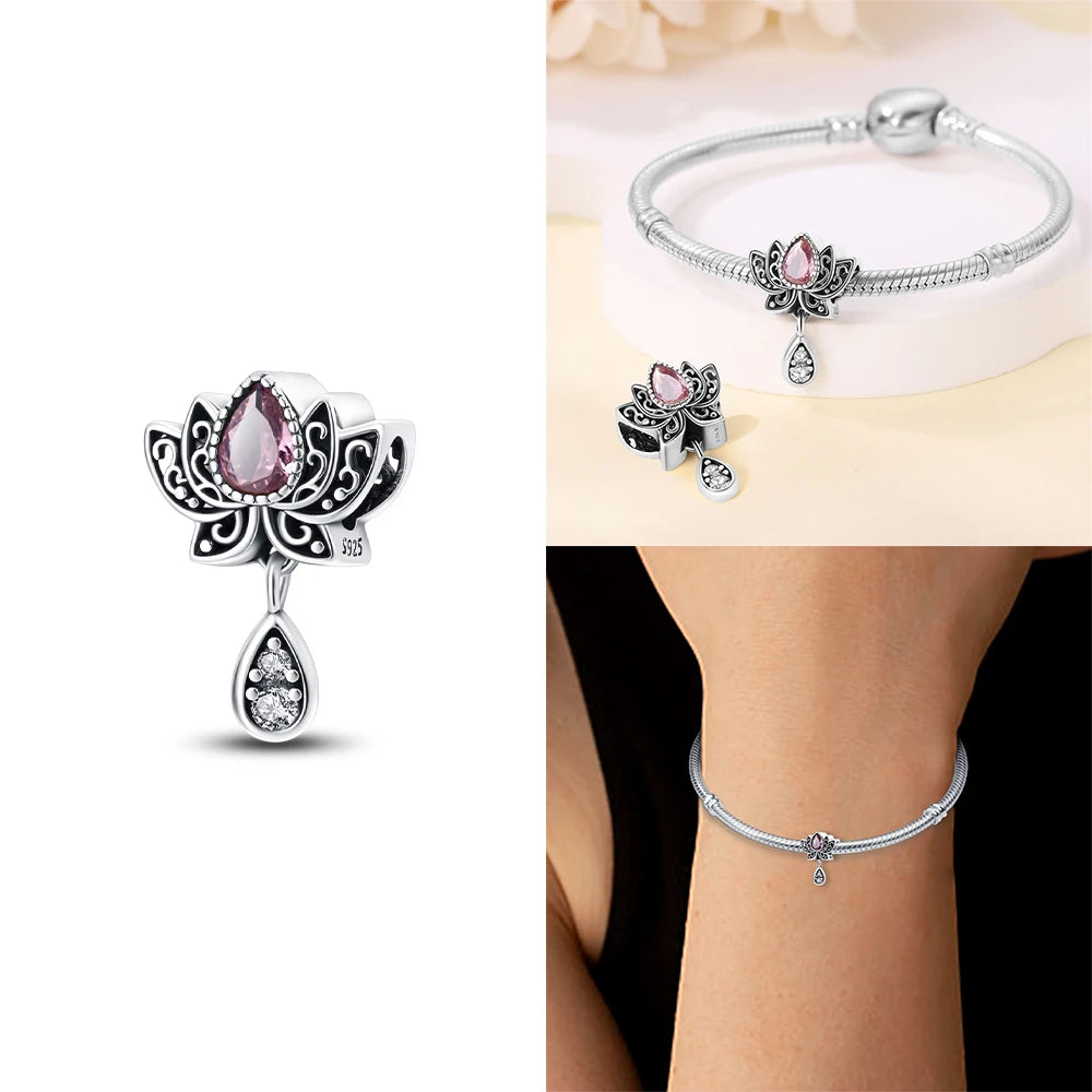 Herzform Heißer Verkauf Klassisch Lila Retro 925 Silber Lotus Engel Muster Charms Perlen Fit 3mm Original Armband DIY schmuck Geschenk