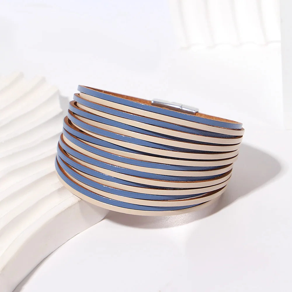 ALLYES Retro Blaue Lederarmbänder für Damen Herren Boho Charm Perle Kristall Herz Mehrschichtiges Wickelarmband & Armreif Schmuck Geschenke