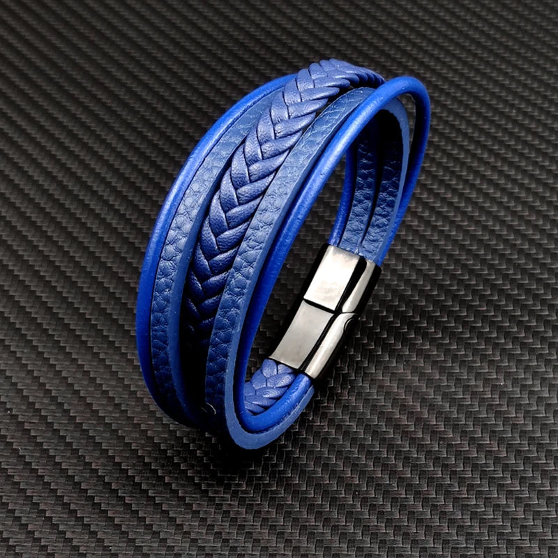 MingAo Neue Titan Stahl Blau Punk Geflochtene Leder Armband Für Männer Schwarz Magnet Verschluss Armreif Die Beste Geschenk für Vintage schmuck