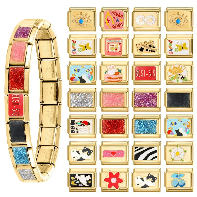 Vintage Gold Farbe süße Katzen Kaninchen Blumen Kirsch Augen italienische Charm Link Perlen passen 9mm Edelstahl Armband DIY machen