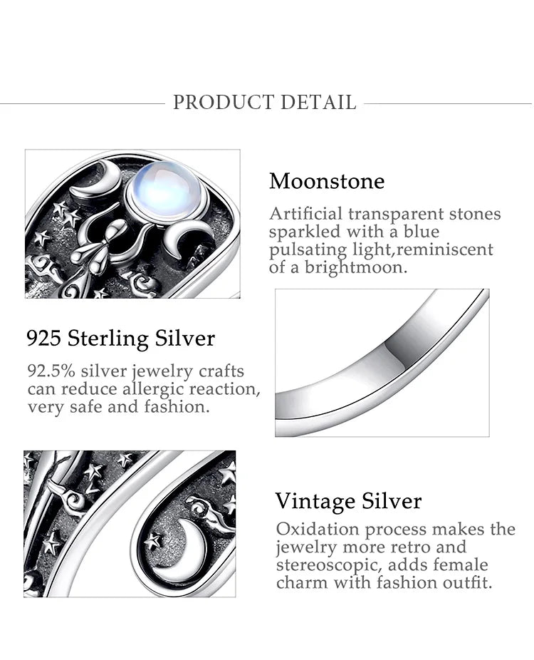 Eudora Verstellbarer Ring aus 925er-Sterlingsilber mit dreifacher Mondgöttin, Mondstein, Hekate, Amulett, Löffelring, Vintage-Schmuck, Geschenk für Frauen