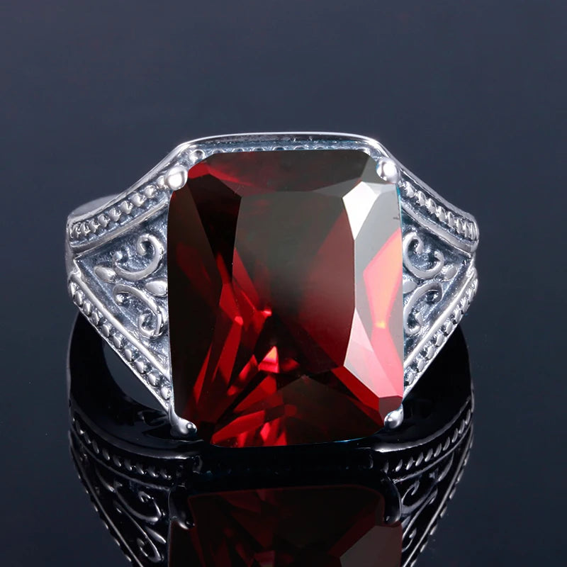 100 % 925 Sterling Silber Granat Herrenringe mit Stein 12*16mm Rechteck großer Vintage byzantinischer Schmuck Geschenke für Männer
