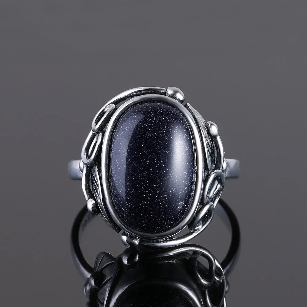 Ring aus 925er-Sterlingsilber, oval, rund, natürlicher blauer Sandstein, Ring für Frauen, Geschenk, Retro-Luxus, edler Schmuck