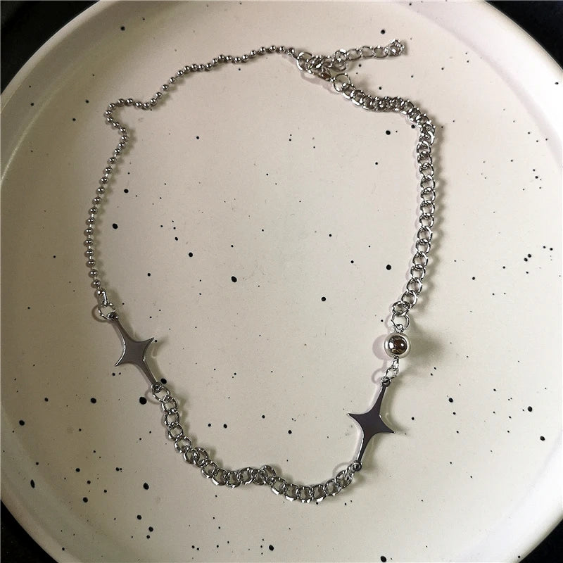 Vintage Y2k Ästhetische Pentagramm Stern Anhänger Silber Farbe Halsband Kette Halskette Für Frauen Coole Hip Hop Schmuck Charme Zubehör