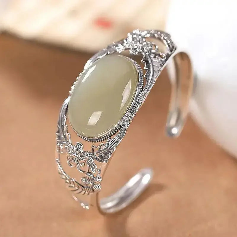 Vintage Silber eingelegte natürliche Hetian Jade Blume Hohl Armreifen für Frauen eleganten Ethno-Stil Hochzeit Verlobung Schmuck