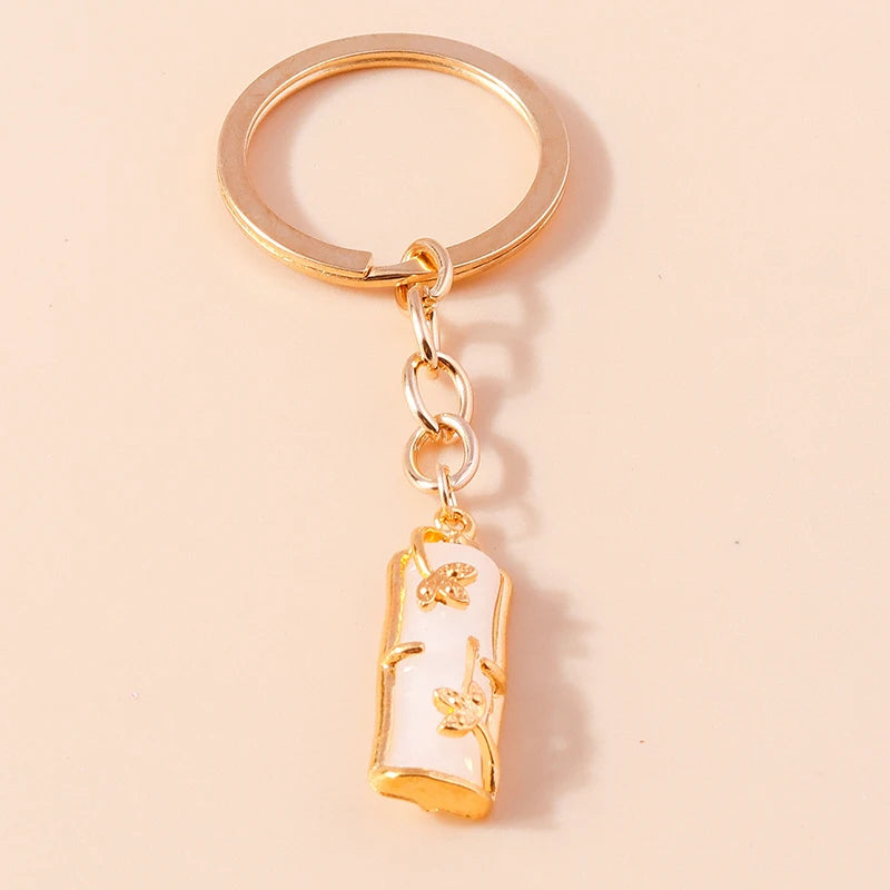 Elegante Edelstein Jade Bambus Schlüssel bund Charms Emaille Glück Katze Schlüssel ringe für Frauen Männer Handtasche Anhänger DIY Schmuck Zubehör