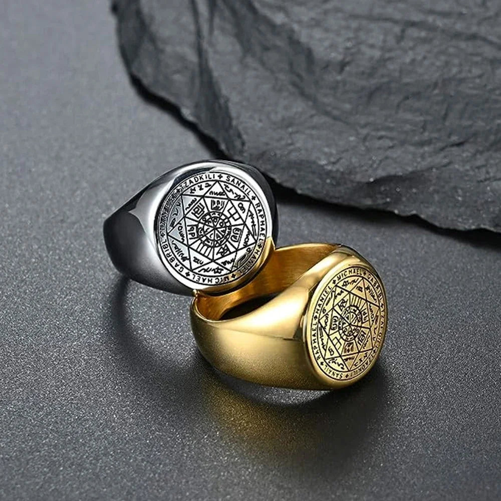 YILUOCD Siegel der sieben Erzengel-Ringe für Männer Der Schlüssel des Salomon-Rings Kabbalah Talisman Amulett Edelstahl Herrenschmuck