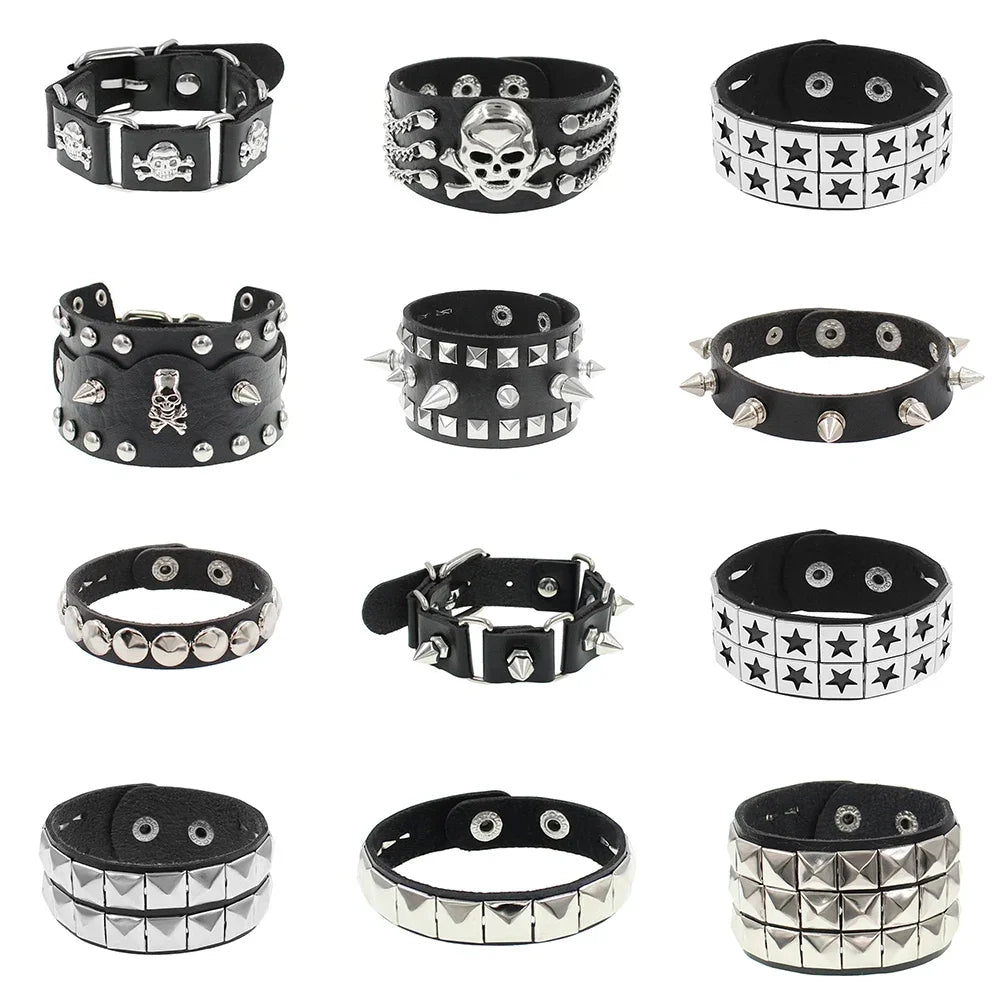 Neue breite Punk Chunky Rivet Leder Armreif Rock Reihen quadratische Nägel Armband einstellbare Größe Schmuck Armbänder & Armreif