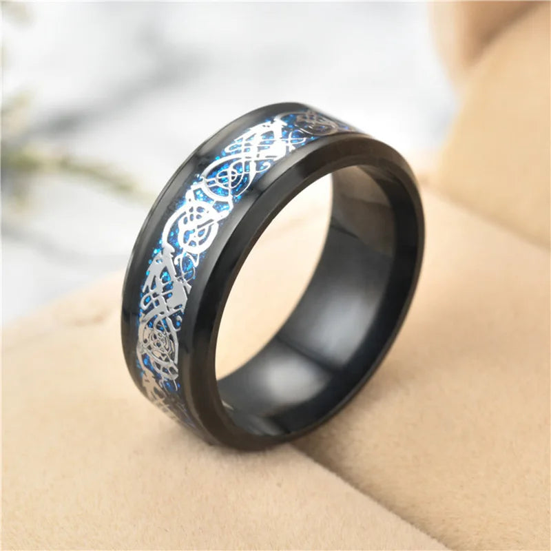 20 Farben Herrenschmuck Rot Blau Schwarz Drache Inlay Comfort Fit Edelstahlringe für Hochzeit Breite 8 mm
