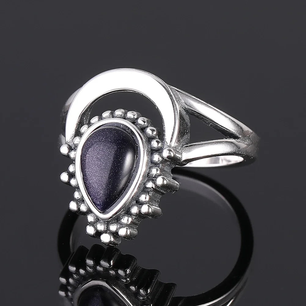Ring aus 925er-Sterlingsilber, oval, rund, natürlicher blauer Sandstein, Ring für Frauen, Geschenk, Retro-Luxus, edler Schmuck