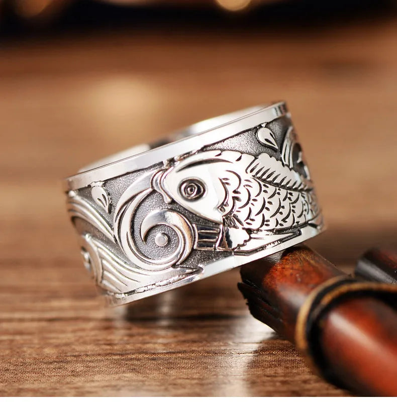 NEUE Vintage Koi Fisch Muster Öffnung Glück Ringe für Frauen Männer Charme Schmuck Mythische Tiere Muster Öffnung Ring