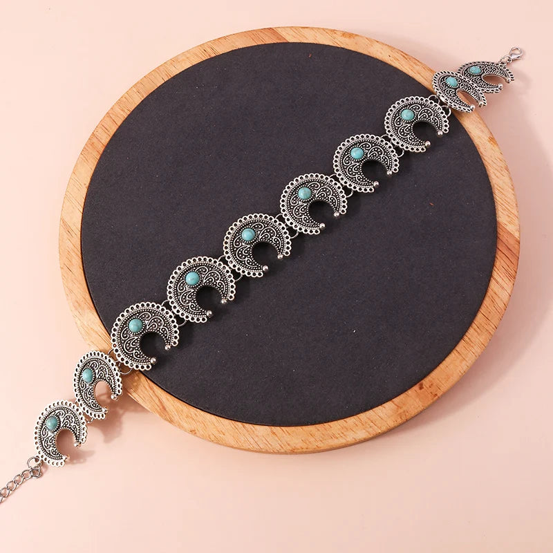 Ethnische Antike Silber Farbe Mond Choker Halsketten für Frauen Boho Türkis Halskette Mädchen Partei Schmuck Geschenke