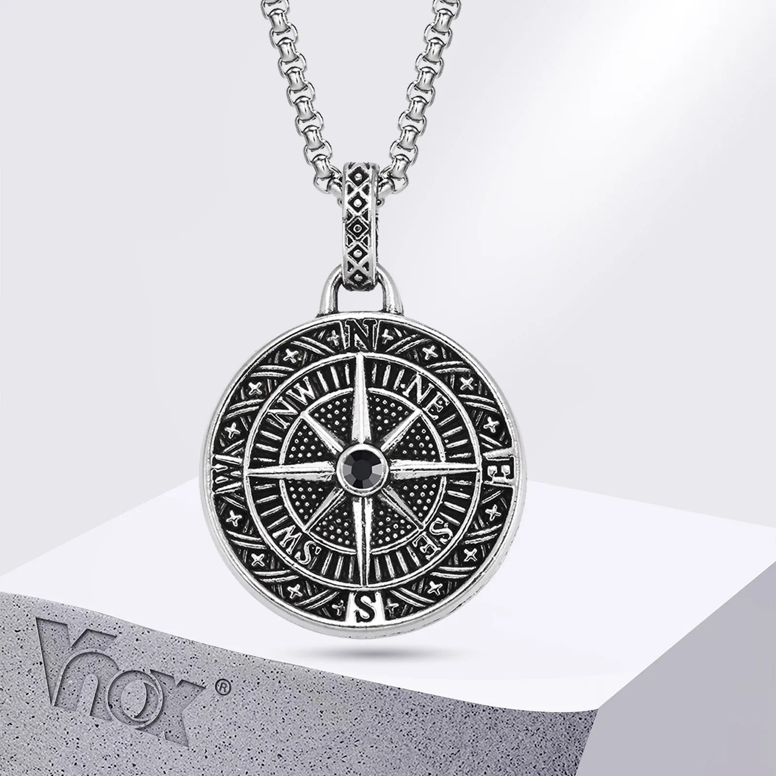 Vnox Vintage-Kompass-Anhänger-Halsketten für Männer und Jungen, Münz-Halskette aus Edelstahl, Rock-Hiphop-Kragen, Abschluss-Gid-Geschenk