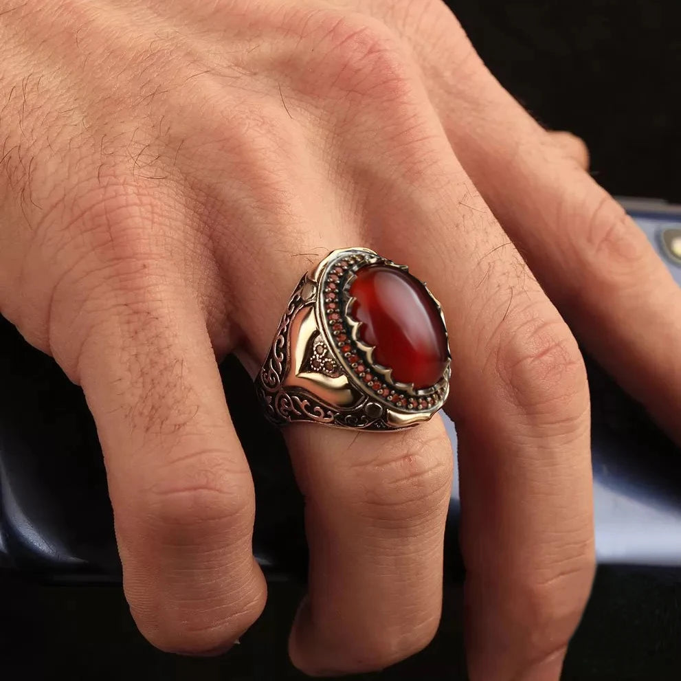 Trendy Handgemachte Nahen Osten Arabisch Türkische Siegelringe Für Männer Alte Silber Farbe Rot Granat Stein Flamme Ring Hochzeit Schmuck