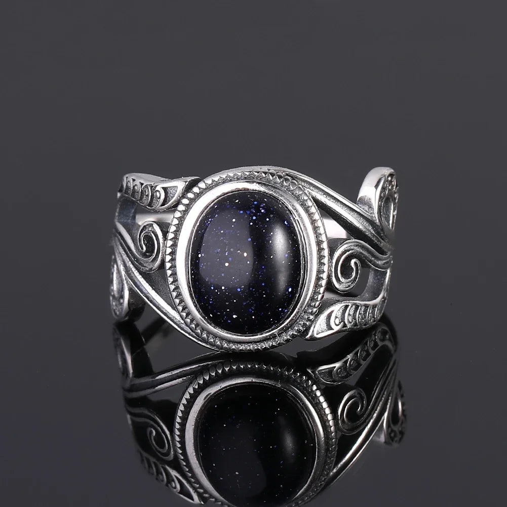 Ring aus 925er-Sterlingsilber, oval, rund, natürlicher blauer Sandstein, Ring für Frauen, Geschenk, Retro-Luxus, edler Schmuck