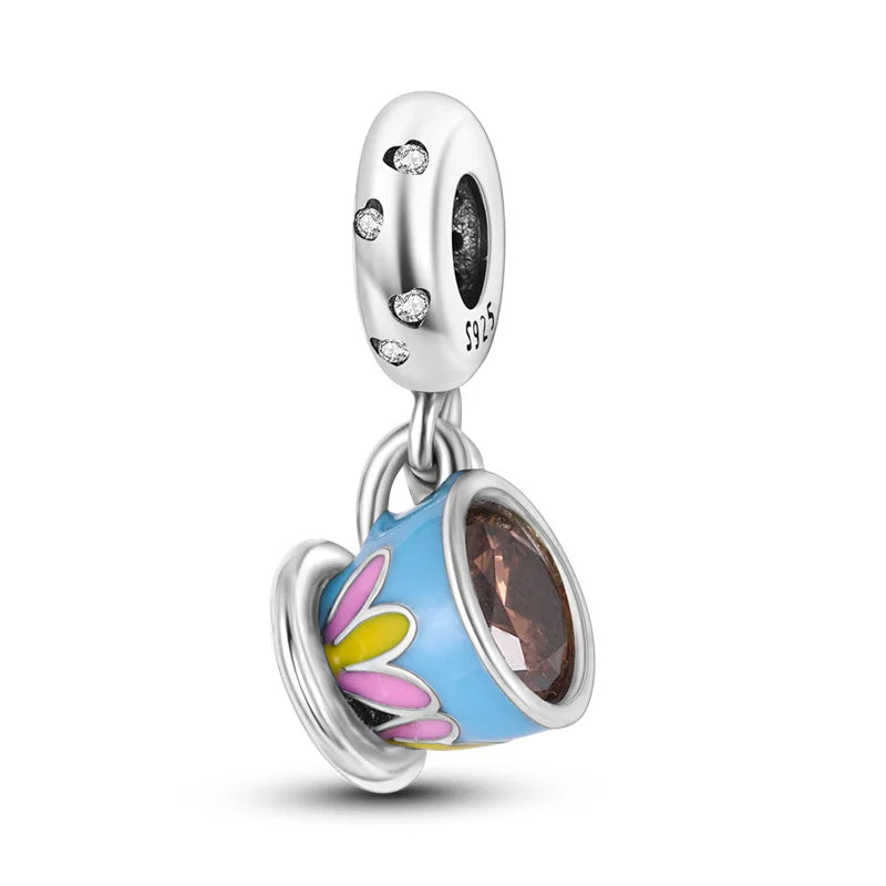 Echtes 925 Sterling Silber Buch Und Kaffeetasse Charms Fit Original Pand 3mm Armband Anhänger Perlen Frauen Edlen schmuck