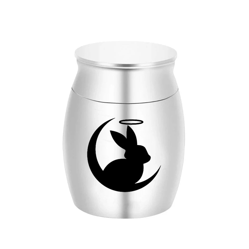 Niedlichen Kaninchen und Mond Feuerbestattung Andenken Urnen für Menschlichen Asche von Pet Mini Kleine Beerdigung Sarg Titan Edelstahl Engel Memorial jar