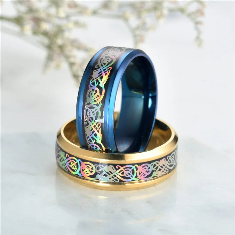 20 Farben Herrenschmuck Rot Blau Schwarz Drache Inlay Comfort Fit Edelstahlringe für Hochzeit Breite 8 mm