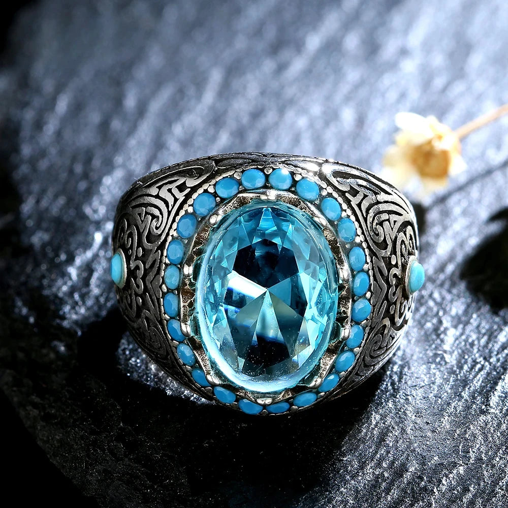 Silberring für Männer und Frauen, blauer Zirkon-Fingerring, Vintage-Edelschmuck, Aquamarin-Edelstein-Schmuck, Geschenk
