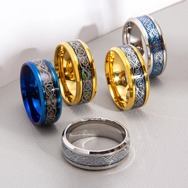 20 Farben Herrenschmuck Rot Blau Schwarz Drache Inlay Comfort Fit Edelstahlringe für Hochzeit Breite 8 mm