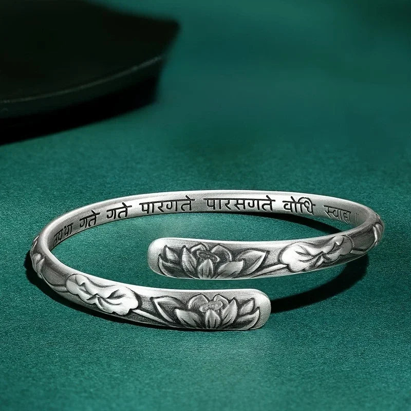 Vintage 925 Thai Silber Lotusblume Manschettenarmband für Frauen Om Mani Padme Hum Buddhismus Ethnischer verstellbarer Armreif Schmuck