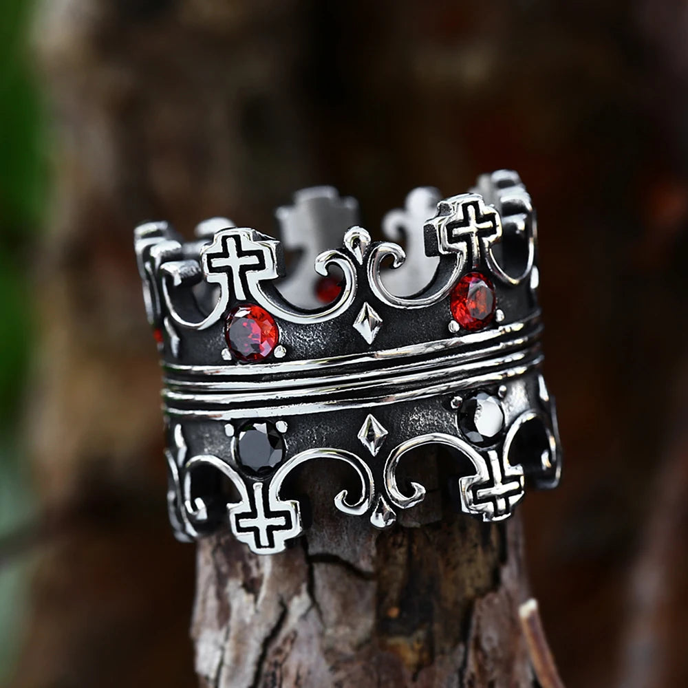 Vintage Kreative 316L Edelstahl Kreuz Krone Ring Mit Roten Steinen Für Männer Frau Einfache Party Mode Christentum Schmuck