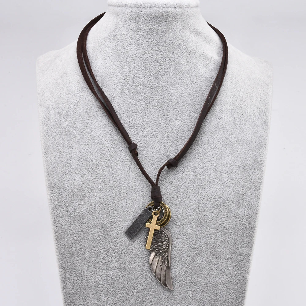 Feder-Engelsflügel-Halskette und Anhänger, Vintage-Stil, braunes Leder, für Damen und Herren, Schmuck, Jungen-Halskette, Statement-Halskette