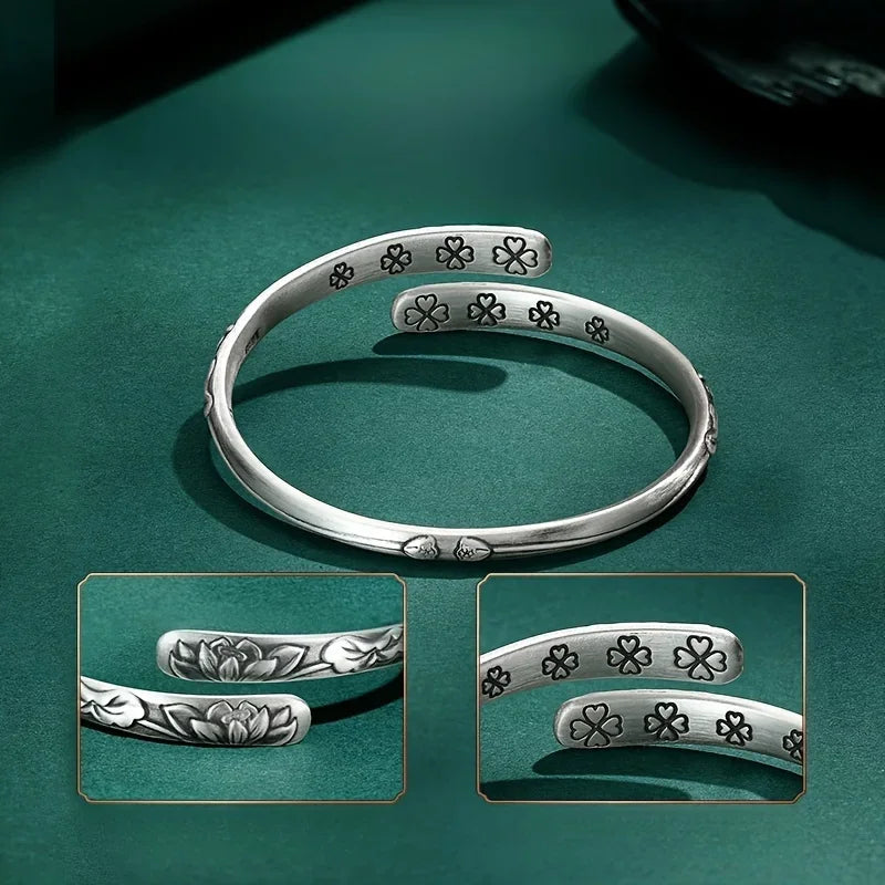 Vintage 925 Thai Silber Lotusblume Manschettenarmband für Frauen Om Mani Padme Hum Buddhismus Ethnischer verstellbarer Armreif Schmuck