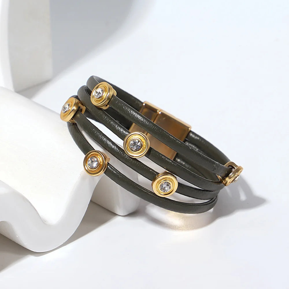 ALLYES Vintage grünes mehrschichtiges Wickelarmband aus Leder für Damen und Herren, Boho-Armbänder mit eingelegten Strasssteinen und Armreifen, Charm-Schmuck