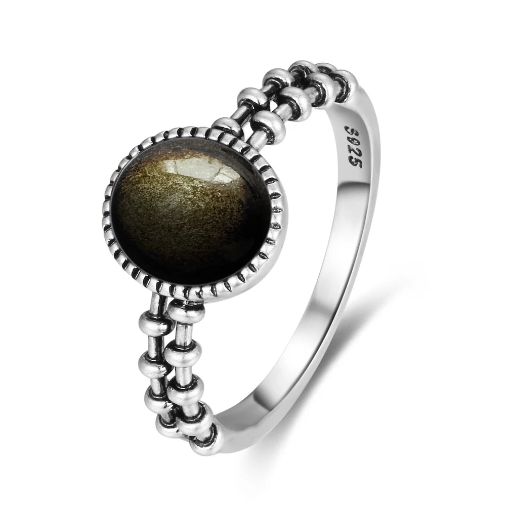 Vintage S925 Sterling Silber Ring Oval Runde Natürliche Obsidian Ring Sonne Und Blume Geformt Retro Edlen Schmuck Für Frauen Männer
