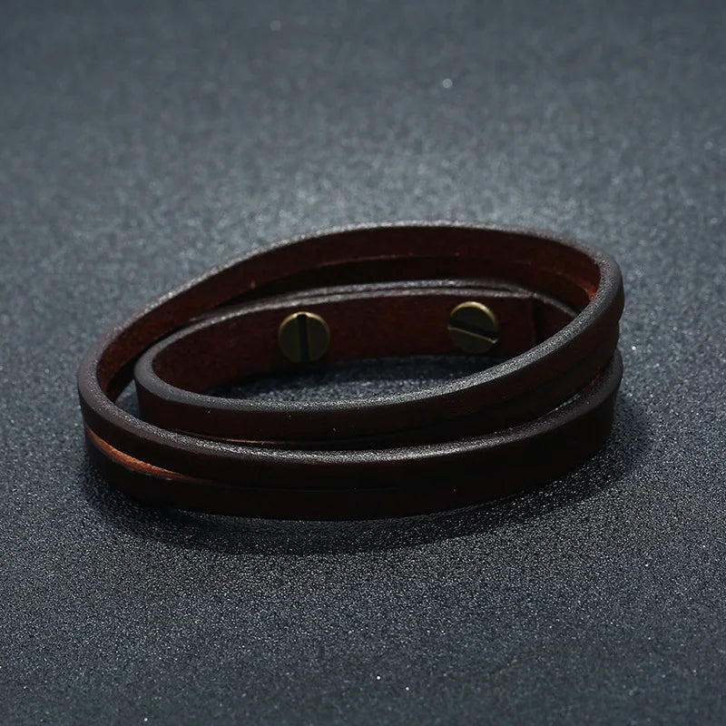 MKENDN Punk Vintage Doppel Strang Schwarz Braun Echtes Echtes Kuh Leder Charme Unisex Schnalle Armband Für Männer Frauen Schmuck Geschenke