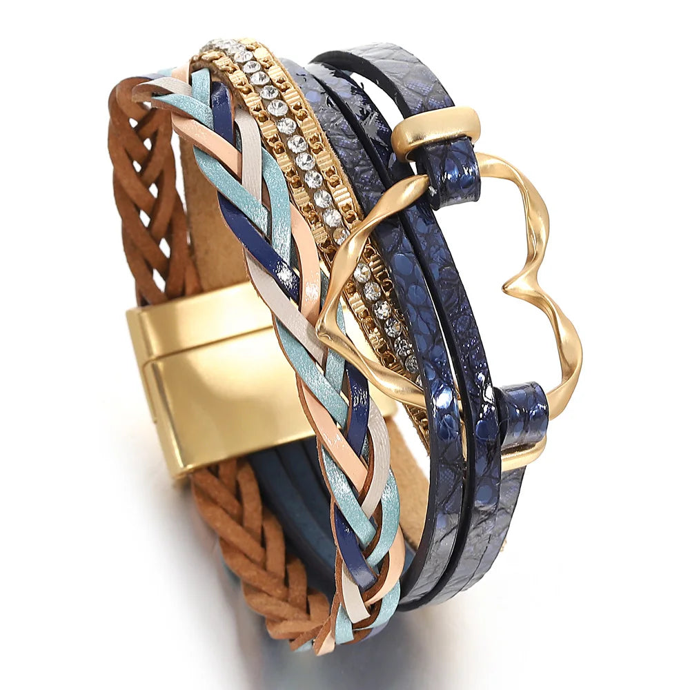 ALLYES Retro Blaue Lederarmbänder für Damen Herren Boho Charm Perle Kristall Herz Mehrschichtiges Wickelarmband & Armreif Schmuck Geschenke