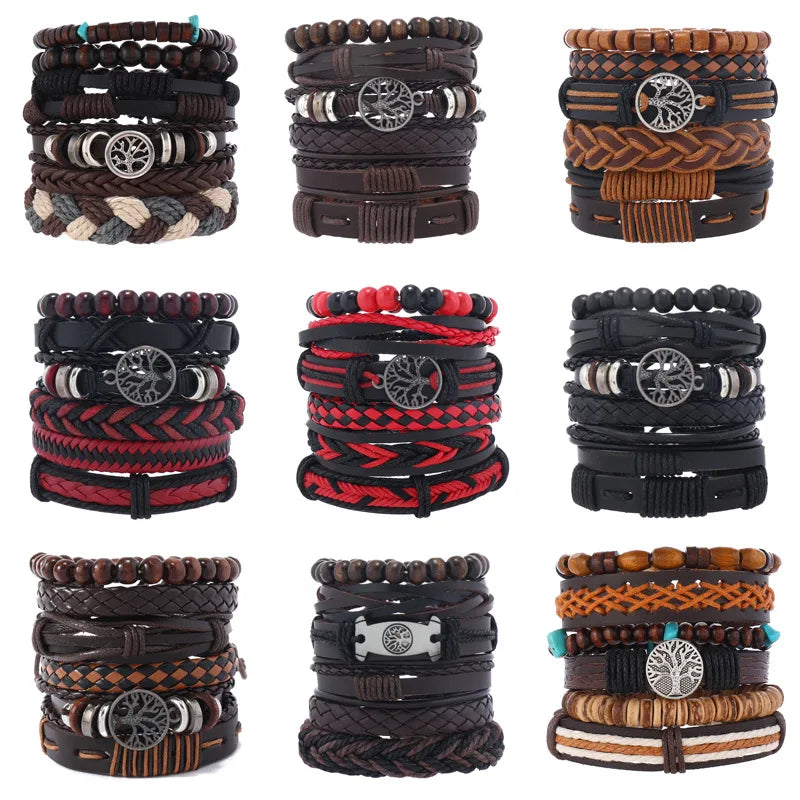 Punk Casual Bead6 Teil/satz Baum Schwarz Khaki Handgemachte Männer Armbänder Männlichen Frauen Leder Armbänder Männer Armreif Großhandel Schmuck Geschenk