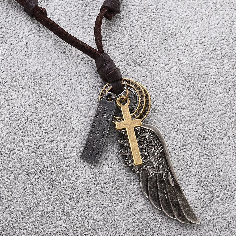 Feder-Engelsflügel-Halskette und Anhänger, Vintage-Stil, braunes Leder, für Damen und Herren, Schmuck, Jungen-Halskette, Statement-Halskette
