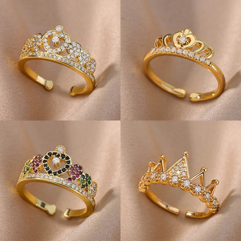 Zirkon Krone Ringe Für Frauen Edelstahl Gold Farbe Vintage Krone Offenen Ring Hochzeit Ästhetischen Schmuck Geschenk bijoux femme
