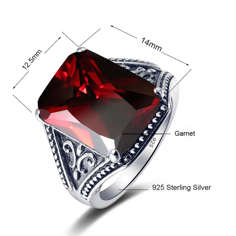 100 % 925 Sterling Silber Granat Herrenringe mit Stein 12*16mm Rechteck großer Vintage byzantinischer Schmuck Geschenke für Männer
