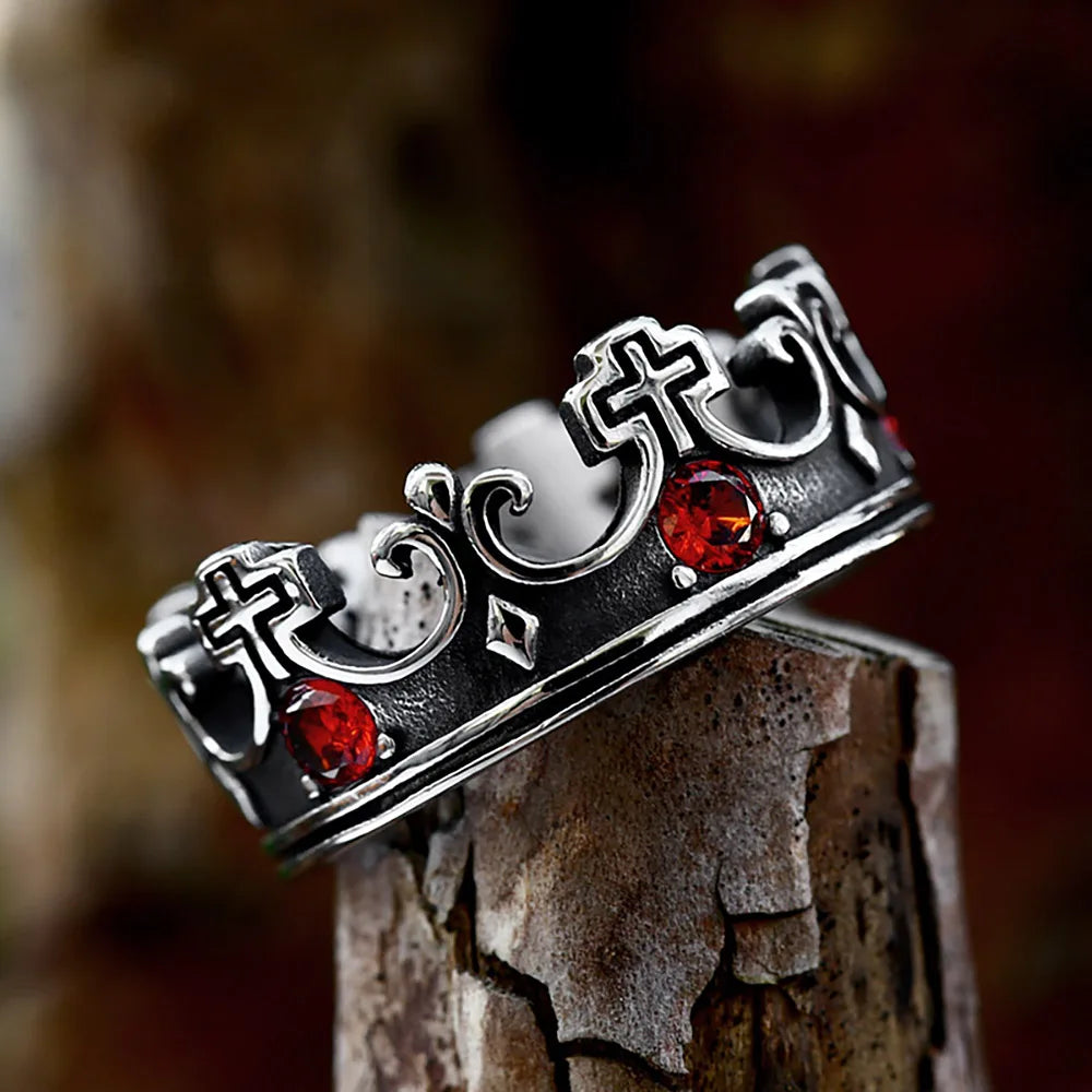 Vintage Kreative 316L Edelstahl Kreuz Krone Ring Mit Roten Steinen Für Männer Frau Einfache Party Mode Christentum Schmuck
