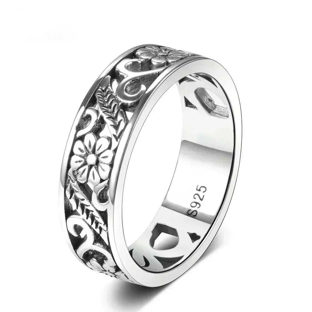 Ringe aus 925er-Sterlingsilber, ausgehöhlt, Vintage-Blumenform, mit Retro-Silber, Hip-Pop, coole Ringe, edler Schmuck, Geschenk für Damen und Herren