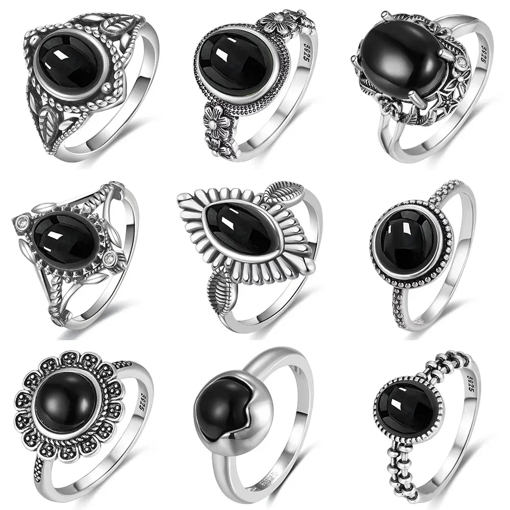 Vintage-Ring aus 925er Silber, natürlicher schwarzer Onyx-Ring, kreisförmiger Denier-Typ, Pferdeauge-Design, Geschenk, edler Schmuck, schwarzer Ring für Männer und Frauen