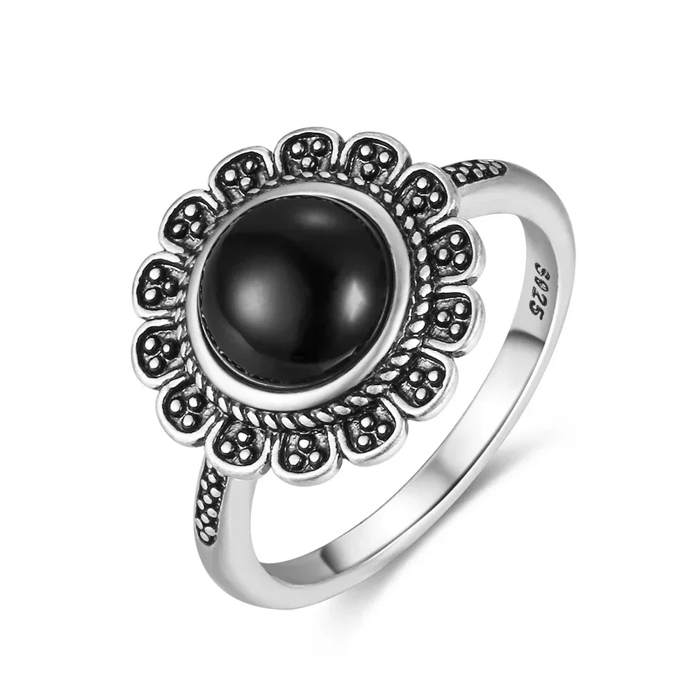 Vintage-Ring aus 925er Silber, natürlicher schwarzer Onyx-Ring, kreisförmiger Denier-Typ, Pferdeauge-Design, Geschenk, edler Schmuck, schwarzer Ring für Männer und Frauen