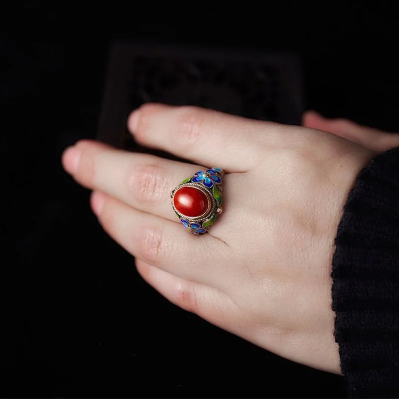 Retro filigran eingelegter roter Ring gebrannter blauer Palast Punk Gothic offener Ring für Frauen handgemachte Unisex Designer Schmuck Accessoires