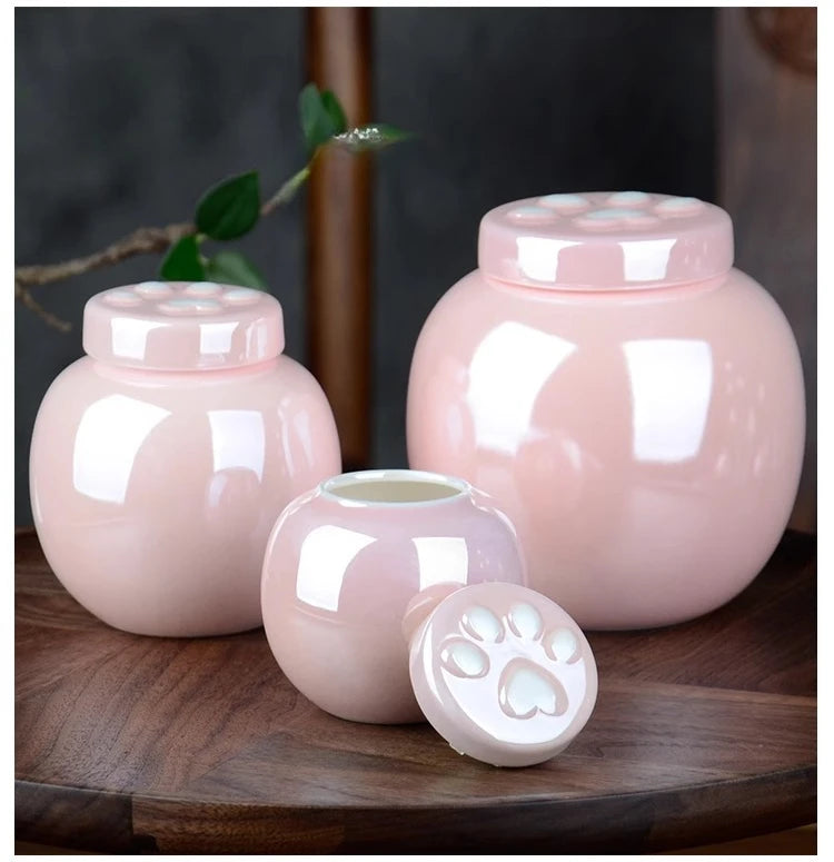 1 Stück rosa Keramik-Urne mit Krallendruck für Asche, kleines Katzen- und Hunde-Keramik-Asche-Vorratsglas, rosa Haustier-Haarglas, Beerdigungszubehör für Haustiere