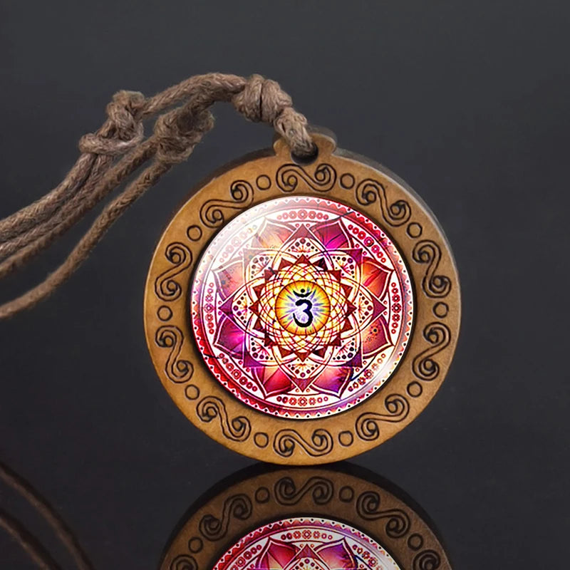 Mandala-Glas-Halskette, Retro-Kunst, Holzanhänger, buddhistische Heilige Geometrie, Schmuck, spirituelles Yoga-Geschenk
