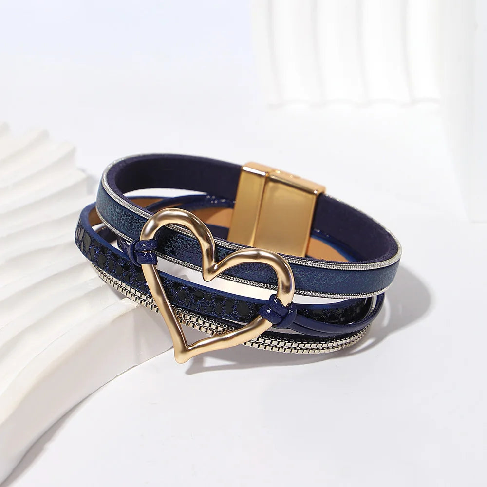 ALLYES Retro Blaue Lederarmbänder für Damen Herren Boho Charm Perle Kristall Herz Mehrschichtiges Wickelarmband & Armreif Schmuck Geschenke