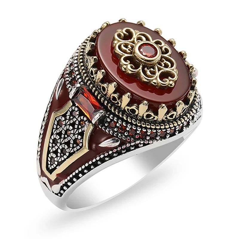 2025 Vintage Geschnitzte Muster Rot Zirkon Stein Ringe Für Männer Zubehör Jahrestag Party Geschenk Mode Schmuck Handgemachte Männer Ringe