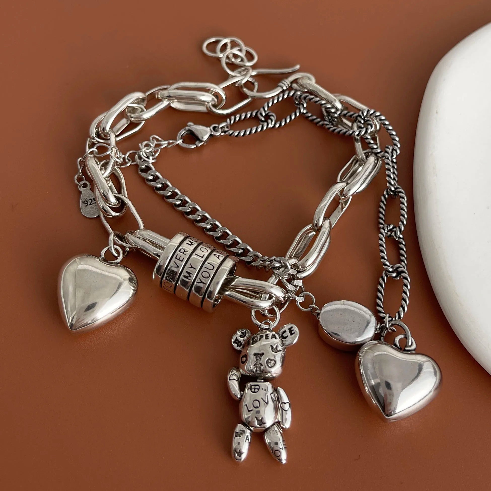 100 % massives 925er-Sterlingsilber-Retro-Armband für Damen und Herren, handgefertigtes Vintage-Herz-Armband, Geburtstagsgeschenk
