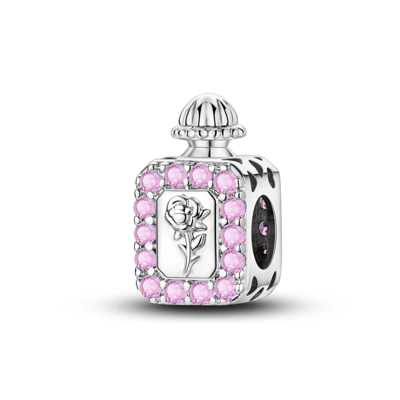 Rosa Charms aus 925er-Sterlingsilber, Perlen, Schmetterling, Parfümflasche, Krone, herzförmiger Zirkon, Charms für Frauen, feiner DIY-Schmuck, Geschenke