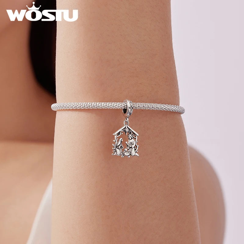 WOSTU Anhänger „Jesus-Krippe“ aus 925er-Sterlingsilber, „Die Geburt Jesu“, passend für Armbänder, Halsketten, DIY, einzigartiges Geschenk